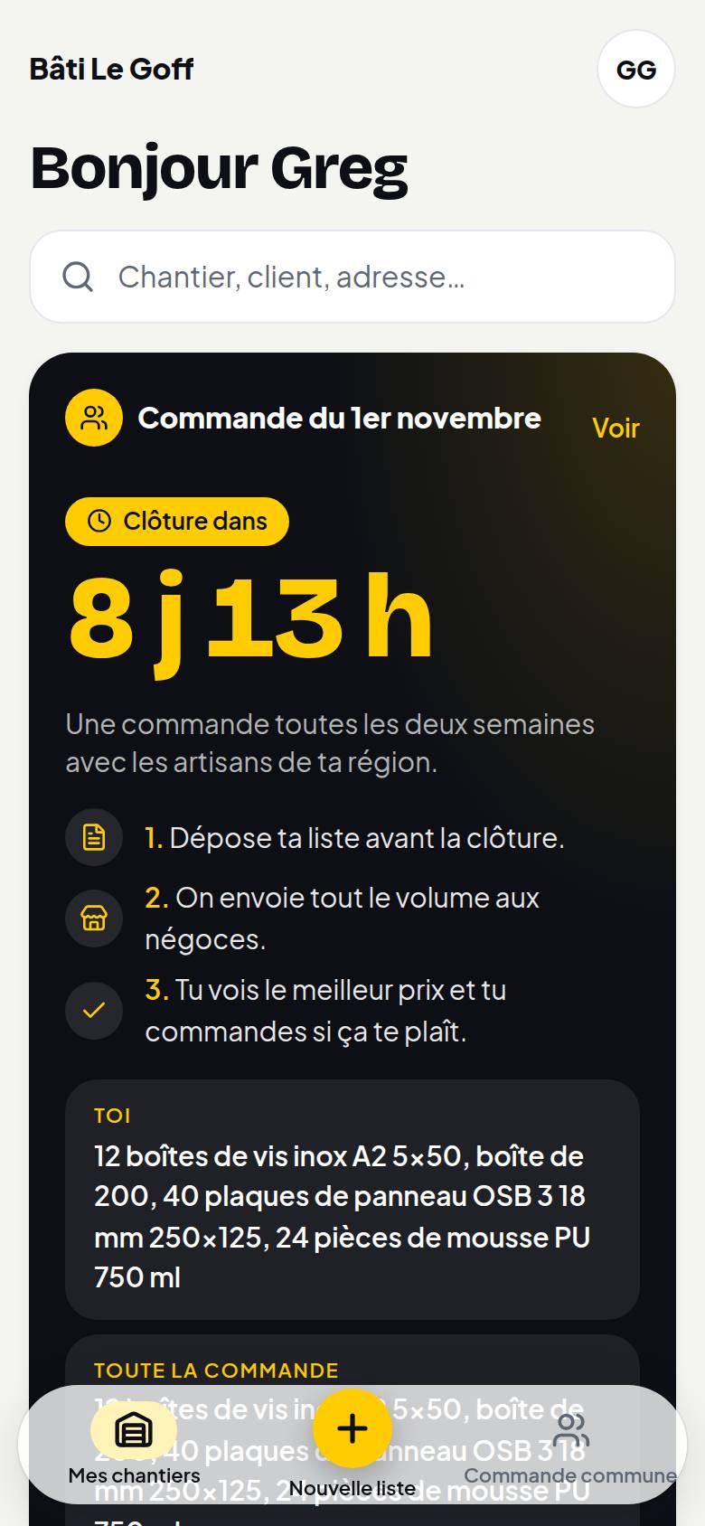 L'accueil de Mobiiz : la commande commune en cours et le temps qui reste avant la clôture