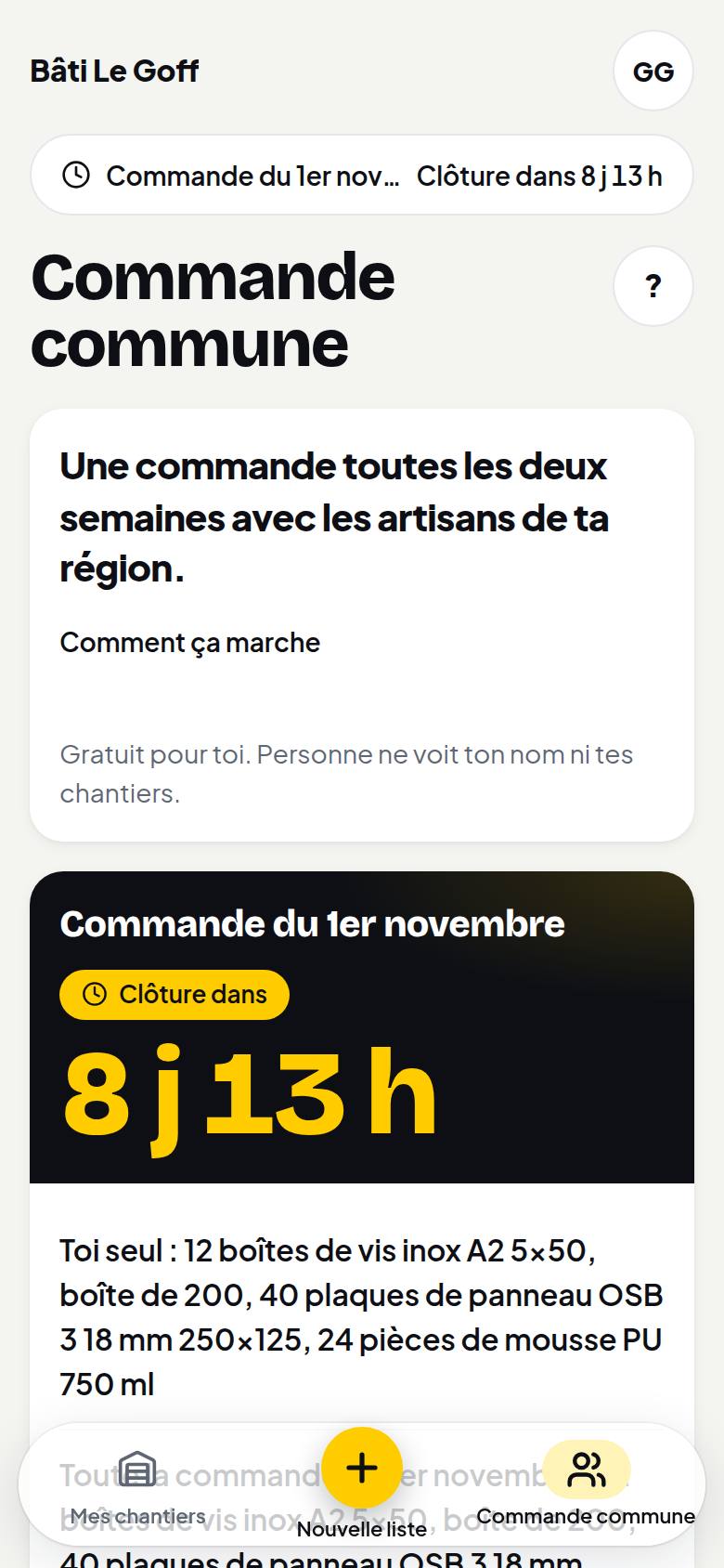 L'écran « Commande commune » de Mobiiz : la clôture dans quelques jours, ta liste dans la commande