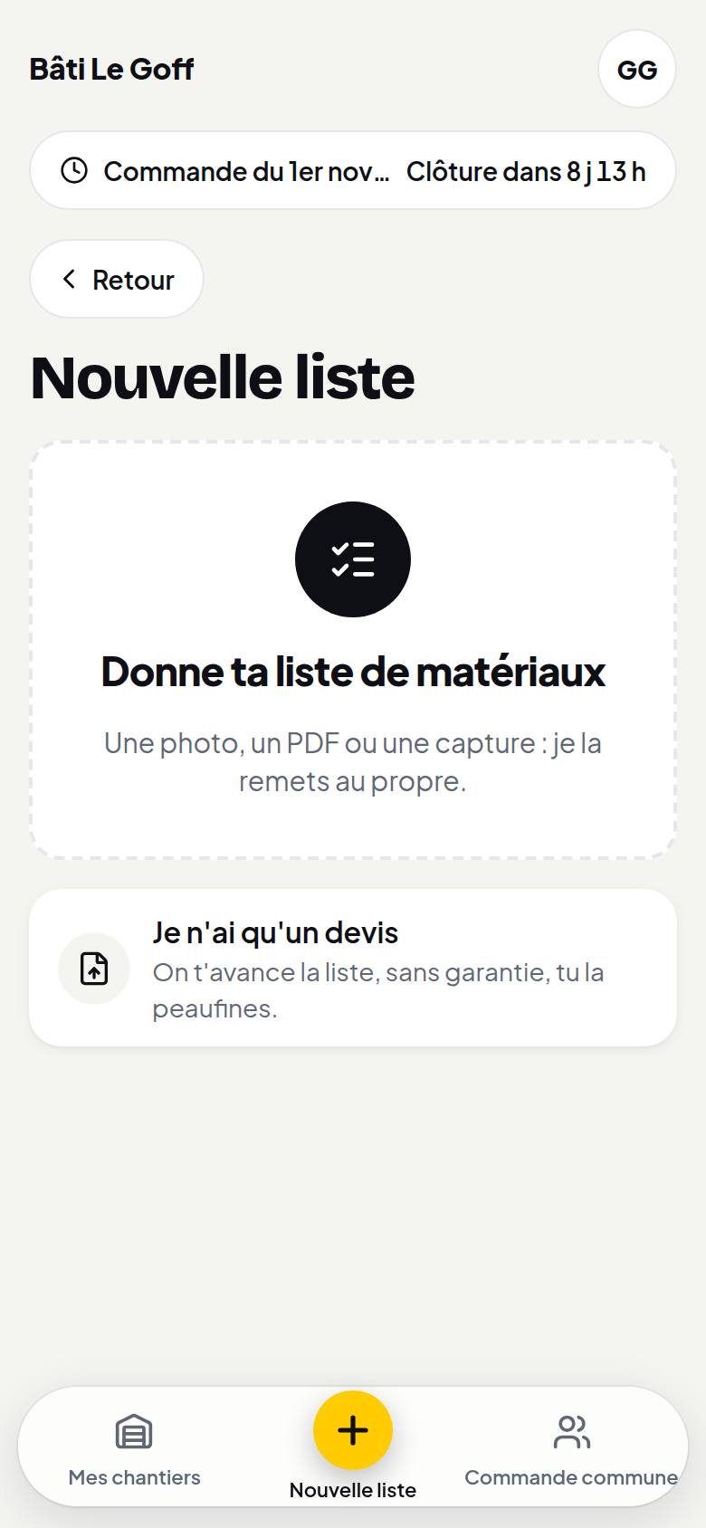 L'écran « Nouvelle liste » de Mobiiz