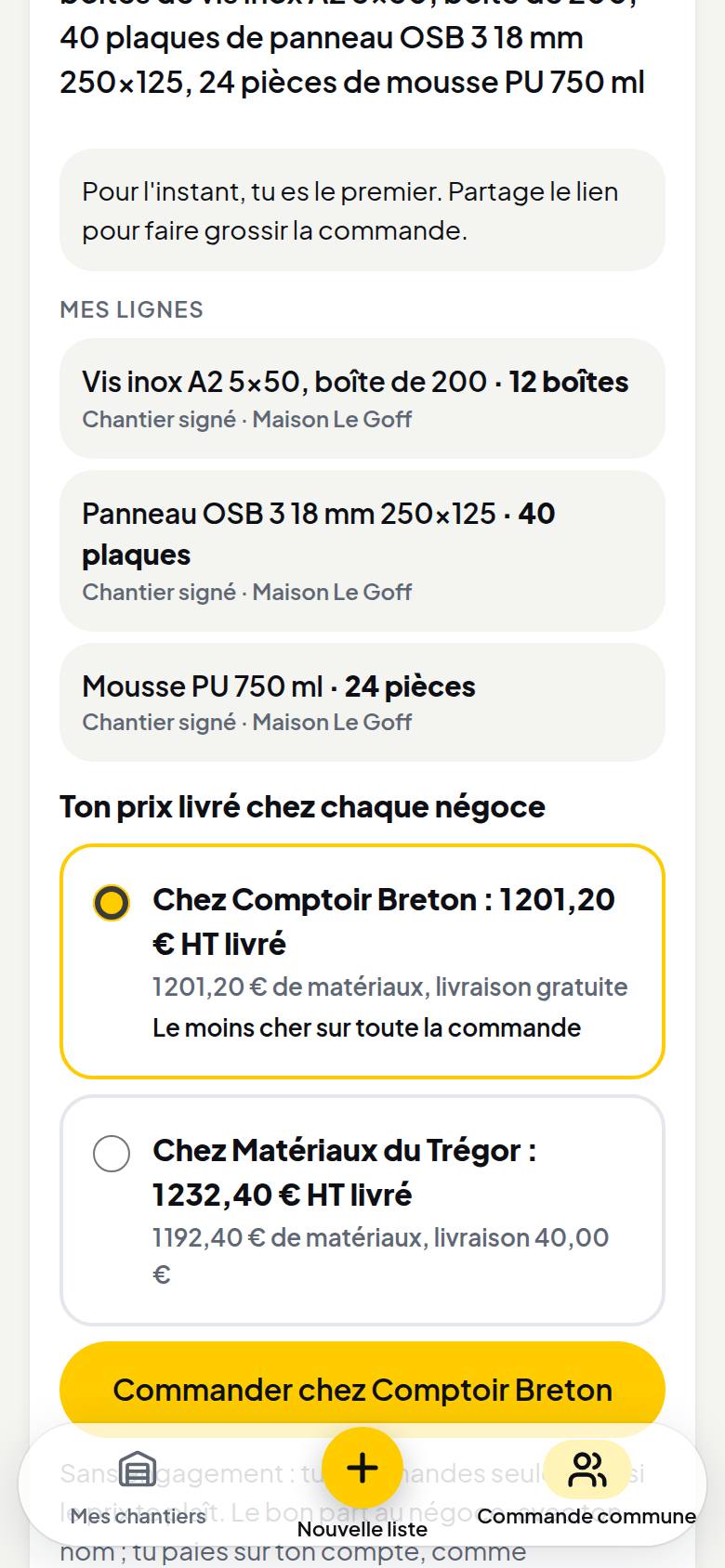 L'écran des prix reçus dans Mobiiz : ton prix livré chez chaque négoce, le moins cher coché